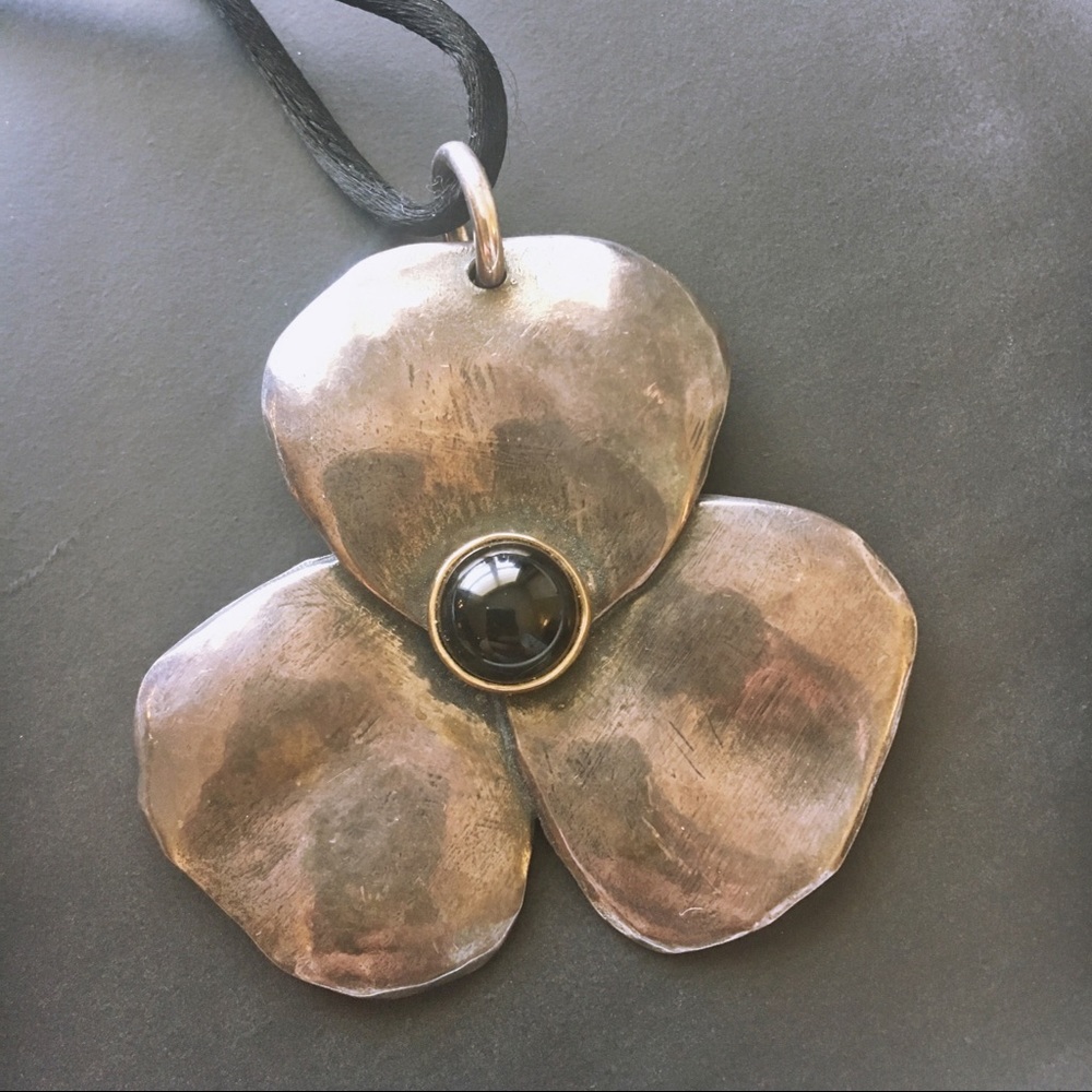 Retired Silver Pansy Pendant 14k gold, onyx center